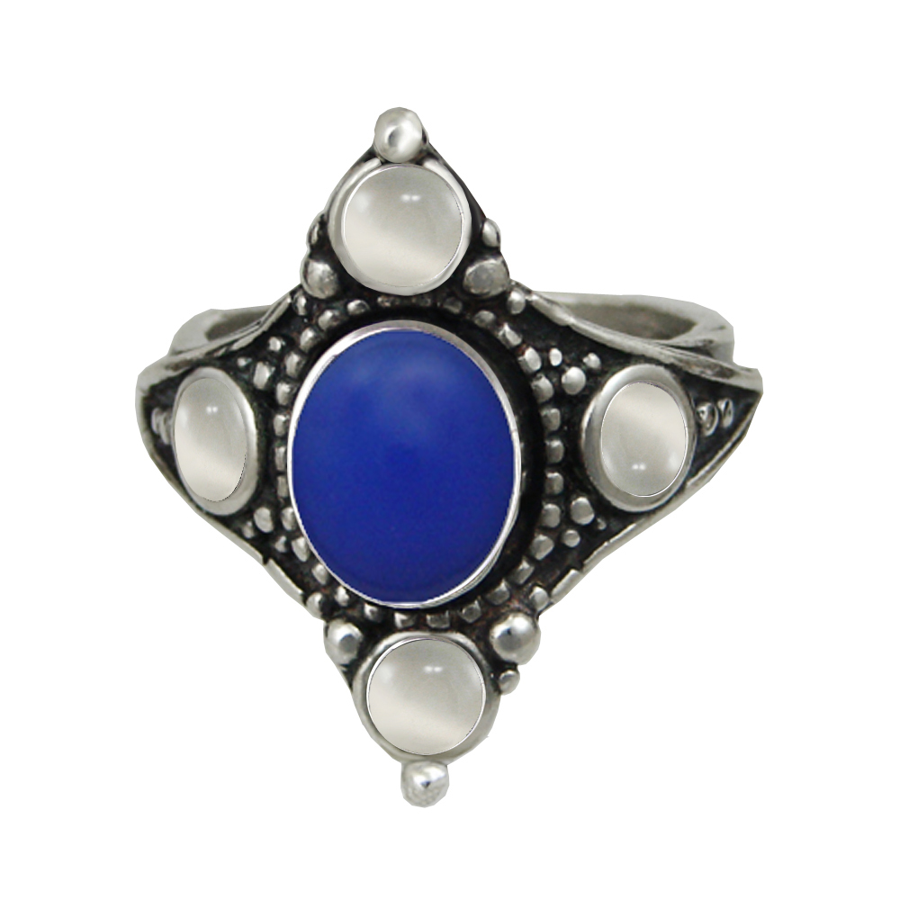 Sterling Silver Renaissance Queen's Ring With Blue Onyx And White Moonstone Size 9